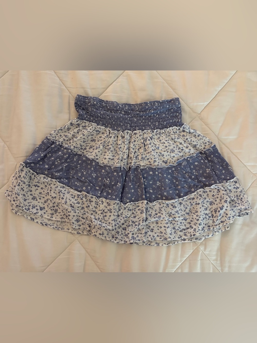 Pink Rose Blue and White Tiered Floral Smocked Mini Skirt